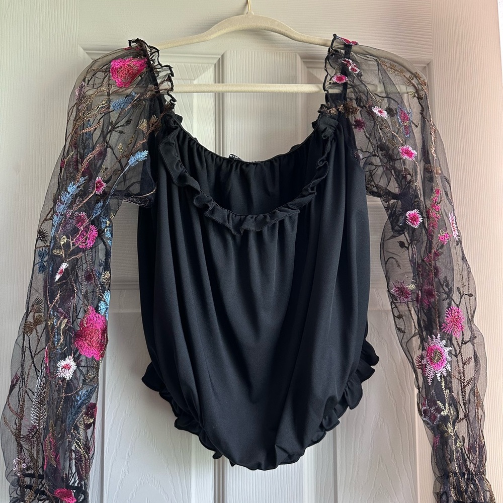 Black mesh long sleeve crop top with floral embroidery